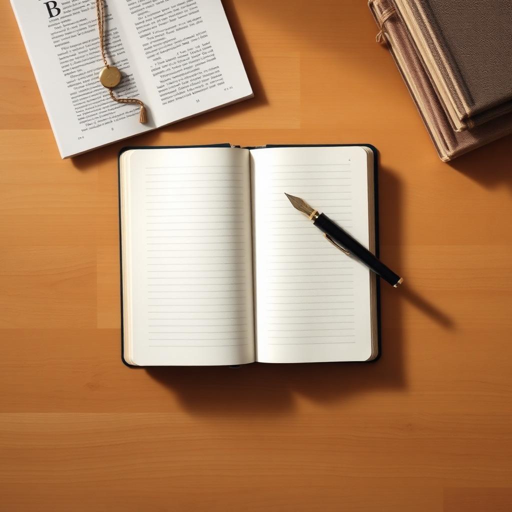 Open notebook and pen on a warm wooden desk